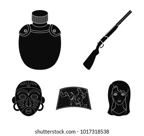 Hunting rifle, flask in the case, map, African mask. African safari set collection icons in black style vector symbol stock illustration web.