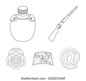 Hunting rifle, flask in the case, map, African mask. African safari set collection icons in outline style vector symbol stock illustration web.