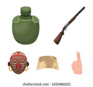 Hunting rifle, flask in the case, map, African mask. African safari set collection icons in cartoon style vector symbol stock illustration web.
