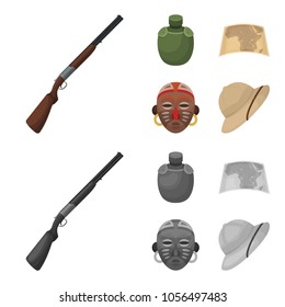 Hunting rifle, flask in the case, map, African mask. African safari set collection icons in cartoon,monochrome style vector symbol stock illustration web.