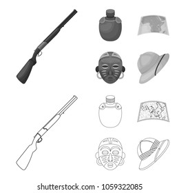 Hunting rifle, flask in the case, map, African mask. African safari set collection icons in outline,monochrome style vector symbol stock illustration web.