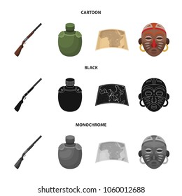 Hunting rifle, flask in the case, map, African mask. African safari set collection icons in cartoon,black,monochrome style vector symbol stock illustration web.