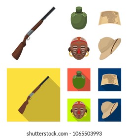 Hunting rifle, flask in the case, map, African mask. African safari set collection icons in cartoon,flat style vector symbol stock illustration web.