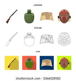 Hunting rifle, flask in the case, map, African mask. African safari set collection icons in cartoon,outline,flat style vector symbol stock illustration web.