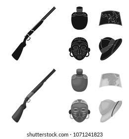 Hunting rifle, flask in the case, map, African mask. African safari set collection icons in black,monochrom style vector symbol stock illustration web.
