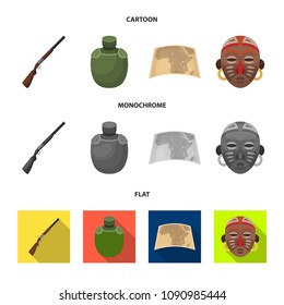 Hunting rifle, flask in the case, map, African mask. African safari set collection icons in cartoon,flat,monochrome style vector symbol stock illustration web.