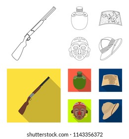 Hunting rifle, flask in the case, map, African mask. African safari set collection icons in outline,flat style vector symbol stock illustration web.
