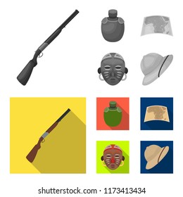 Hunting rifle, flask in the case, map, African mask. African safari set collection icons in monochrome,flat style vector symbol stock illustration web.