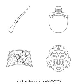 Hunting rifle, flask in the case, map, African mask. African safari set collection icons in outline style vector symbol stock illustration web.