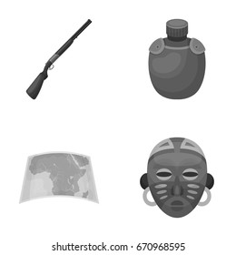 Hunting rifle, flask in the case, map, African mask. African safari set collection icons in monochrome style vector symbol stock illustration web.