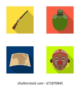 Hunting rifle, flask in the case, map, African mask. African safari set collection icons in flat style vector symbol stock illustration web.