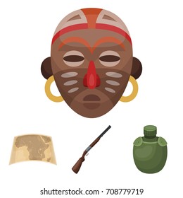 Hunting rifle, flask in the case, map, African mask. African safari set collection icons in cartoon style vector symbol stock illustration web.