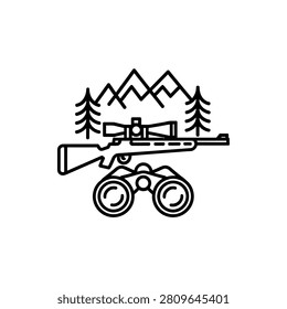 Hunting rifle with scope and binoculars in mountain forest. Outdoor sport.