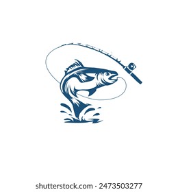 Hunting Salmon Carp Bass Tuna fishing with a handline rod on the river logo design vector