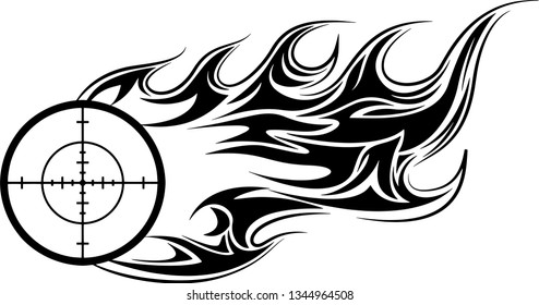 Hunting Scope Sight Shooting Target Blazing Fire Motion Effect With Hot Burning Flames
