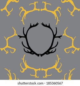 Hunting seamless background with deer`s horns on gray background.Hand drawn theme for illustration, cover, textile or wallpaper