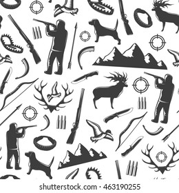Hunting seamless background pattern with black isolated elements of hunting and equipment vector illustration