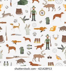 Hunting seamless pattern. Dog hunting, equipment. Flat style. Vector illustration