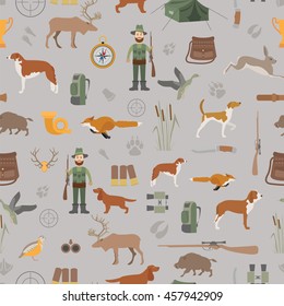 Hunting Seamless Pattern. Dog Hunting, Equipment. Flat Style. Vector Illustration