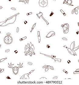 Hunting seamless pattern in doodle style. Vector illustration in brown color.