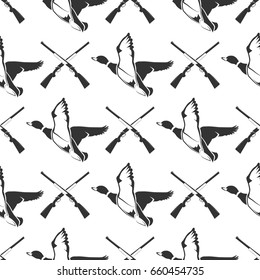 Hunting Seamless Pattern With Guns And Ducks. Hunting Background Vector Illustration