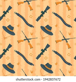 Hunting Seamless Pattern with Hat, Sniper Rifle, Rifle Scope, and Hunter Belt.
