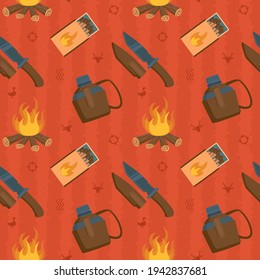 Hunting Seamless Pattern with Hunter Bottle, Matches Box, Firewood, and Hunter Knife.