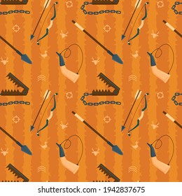 Hunting Seamless Pattern with Spear, Bow and Arrow, Hunter Trap, and Hunting Horn.