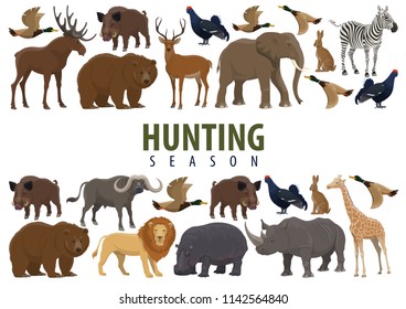 Hunting season banner with border of animal, wild forest bird and african safari mammal. Deer, duck and bear, elephant, lion and giraffe, rhino, hippo and reindeer, boar, hare and bull, zebra and elk - Shutterstock ID 1142564840