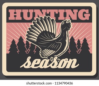 Hunting season retro poster for hunters club or association. Vector vintage design of wild blackcock or pheasant bird for hunt adventure and open season trophy