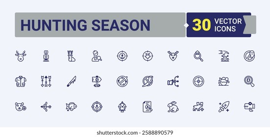 Hunting Season vector icon set. Pack of fishing, bow, camp, arrow, point, binoculars and more. Thin linear style icons. Solid line editable vector illustration.