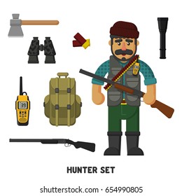 Hunting. A set of hunter items. Vector illustration, flat, cartoon