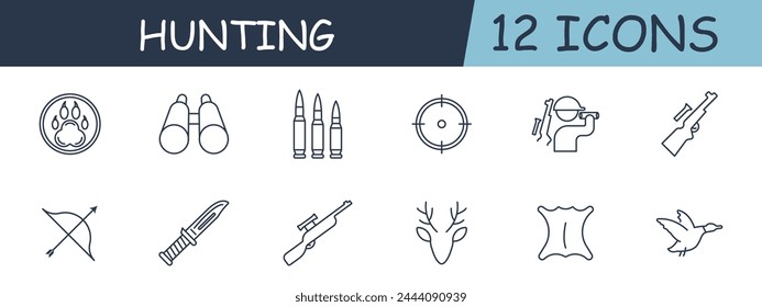 Hunting set line icon. Binoculars, caliber, knife, skinning, hunter, cartridge case, deer. 12 line icon. Vector line icon for business and advertising