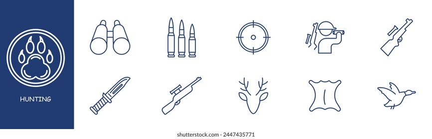 Hunting set line icon. Binoculars, caliber, knife, skinning, hunter, cartridge case, deer. Pastel colors background Vector line icon for business and advertising