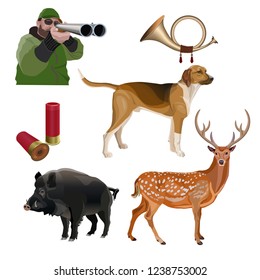Hunting set with scenthound dog, hunter, horn, wild boar, deer and cartridges . Vector illustration isolated on black background