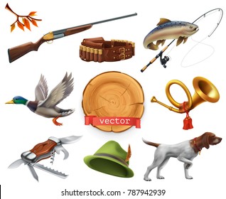 Hunting Set. Shotgun, Dog, Duck, Fishing, Horn, Hat, Knife. 3d Vector Icon