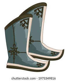 Hunting shoes with decorative and ornamental elements and adornment. Long boots design for men or women, asian fashion and clothes. Walking footwear made of leather skin. Vector in flat style
