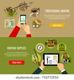 Hunting shop horizontal banners set with supplies symbols flat isolated vector illustration