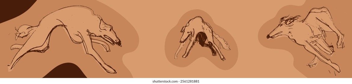 Hunting Sighthound dogs hand-drawn sketches - minimalist ink drawing - Borzoi, hunting sighthound, whippet - linear vector illustrations. Dog breeding business concept. Banner template. Brown color