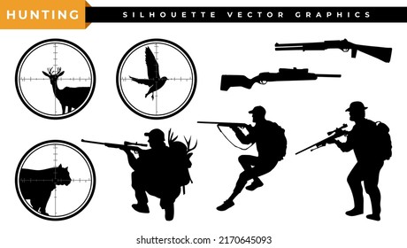 Hunting Silhouette. Hunter Hunting Vector With Rifle, Weapon. Forest Animal Hunting Icon, Logo, Label, Illustration. Deer, Tiger, Bird, In A Target, To Shoot.