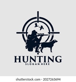 hunting sniper rifle and dog hunt logo design