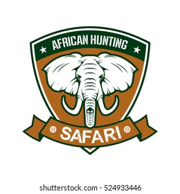 Hunting sport club sign. African safari hunter sport badge icon with shield, elephant tusk, ribbon. Wild animals hunt adventure.