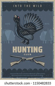 Hunting sport club vintage banner with forest bird and hunter rifle. Wood grouse or capercaillie game bird with fanned tail feather retro poster, adorned by weapon gun and grunge tree on background