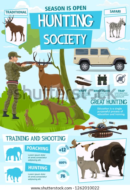 Hunting sport, hunt club\
open season and African safari adventure. Vector hunter ammo\
equipment, wild animals trophy elk, hunting dog or hare and buffalo\
or wolf and ducks