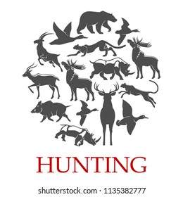 Hunting sport poster with wild forest and african safari animal. Duck, deer and bear, reindeer, rhino and jaguar, leopard, antelope and elk, boar, goat and moose round badge for hunter club design