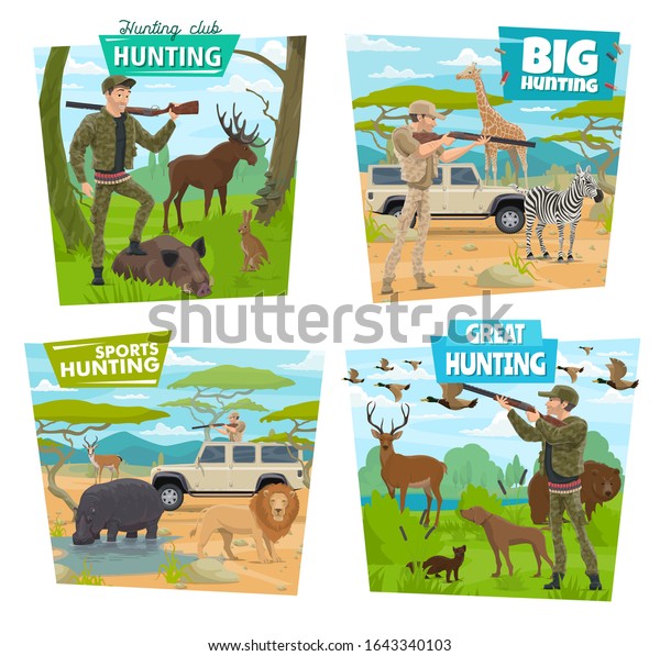 Hunting sport and safari vector icons with\
hunters, guns and animals. Huntsmen hunting with dog, riffles and\
cars, deers, ducks and lion, bear, boar and elk, hippo, giraffe,\
zebra and antelope