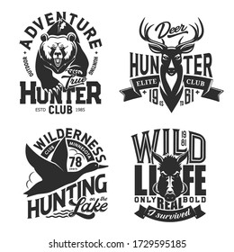 Jagd Sport T-Shirt Prints, isolierte Vektor monochrome Symbole. Wilde Tiere jagen T-Shirt-Printvorlagen. Jagd Outdoor-Abenteuer Hirsche, Grizzlybär, Eber und fliegende Ente