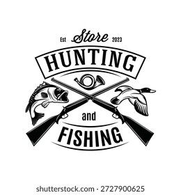 hunting store logo design with fish duck rifles and vintage lettering