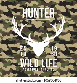 Hunting style t-shirt design with deer antlers on camouflage background. T-shirt graphic. Vector