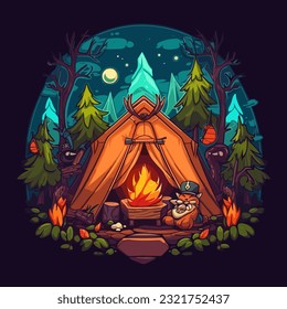 A hunting tent built in the wild. Camping in a tent in the countryside. Cartoon vector illustration.